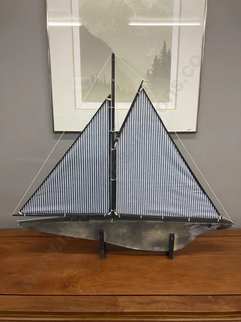 Sliver Fern Handmade Wooden Half Hull Freestanding Sail Boat Model, Black / White. 74 x 82cm Image 1++